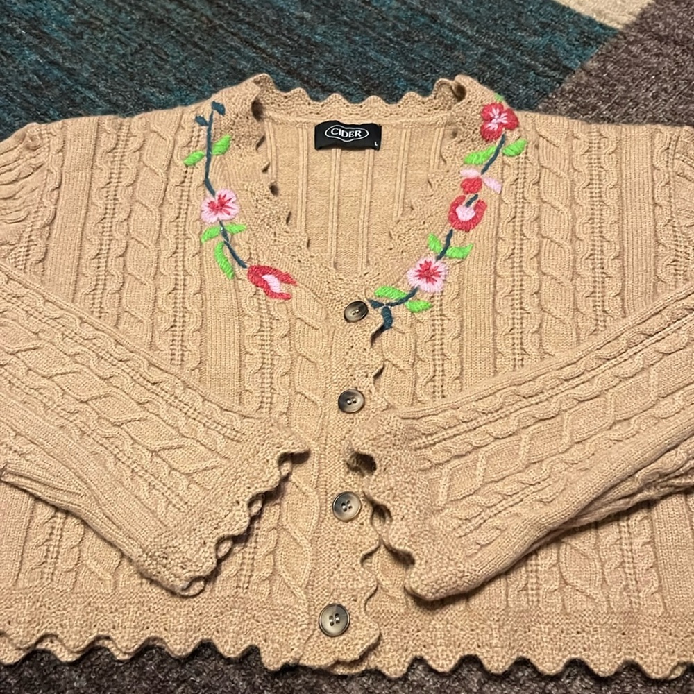 Cider Cropped  Cardigan Tan Embroidered Size Large Sweater